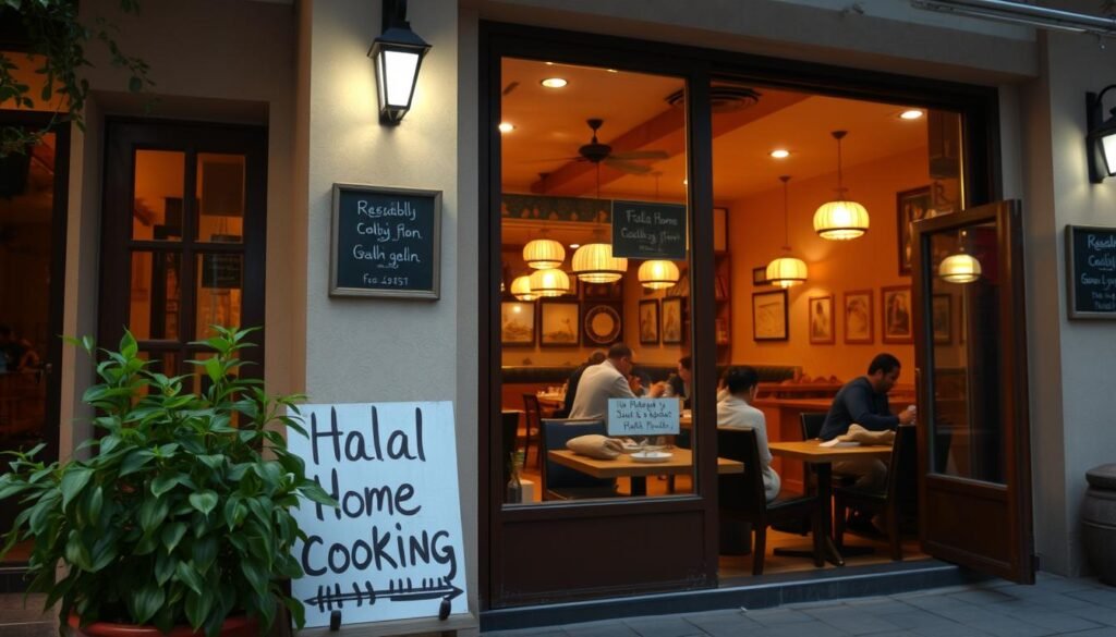 A cozy and inviting home-style restaurant, its facade adorned with subtle Middle Eastern motifs. Through the large windows, glimpses of a warm, softly lit interior reveal wooden tables, traditional decor, and families gathered around hearty, halal meals. The aroma of simmering spices and freshly baked flatbread wafts out, enticing passersby. In the foreground, a lush potted plant and a hand-painted sign announcing "Halal Home Cooking" set the welcoming tone. The overall scene evokes a sense of comfort, authenticity, and a delightful dining experience.