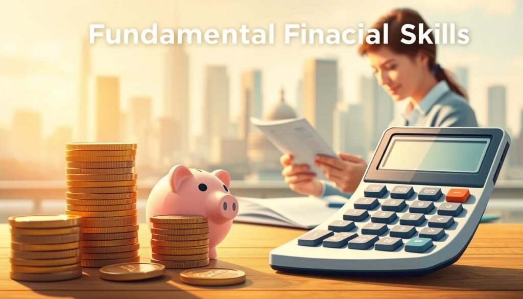 A detailed illustration of fundamental financial skills. In the foreground, a stack of coins, a piggy bank, and a calculator convey the core concepts of budgeting, saving, and basic financial management. In the middle ground, a person reviews financial documents, symbolizing the importance of understanding personal finance. The background features a cityscape, representing the real-world application of these skills. The scene is illuminated by warm, natural lighting, creating a sense of approachability and practicality. Rendered with a vibrant, yet refined color palette, the image emphasizes the accessibility and relevance of these essential financial competencies.