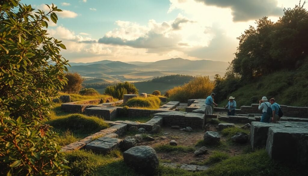 A serene archaeological site nestled in a lush, verdant landscape. In the foreground, ancient stone ruins and relics are partially obscured by overgrown vegetation, hinting at the hidden treasures waiting to be uncovered. The middle ground features a team of archaeologists carefully excavating and documenting their findings, their focused expressions conveying the thrill of discovery. In the background, a scenic backdrop of rolling hills and a gently clouded sky, bathed in warm, golden sunlight that casts a dreamlike ambiance over the entire scene. The image evokes a sense of wonder and the timeless allure of unearthing the secrets of the past.