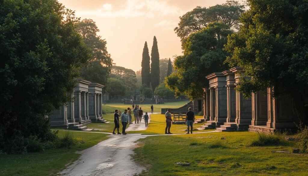 A serene archaeological site nestled in lush greenery, with ancient stone structures standing tall against a warm, golden-hued sky. The foreground showcases a team of archaeologists carefully preserving and documenting the site, delicately brushing away dirt from intricate carvings. In the middle ground, a well-maintained path leads visitors through the tranquil landscape, allowing them to appreciate the historical significance of the location. The background features towering trees and verdant foliage, creating a sense of timelessness and harmony between the natural and the man-made. The scene is illuminated by soft, diffused lighting, capturing the reverence and care with which this archaeological treasure is being conserved.
