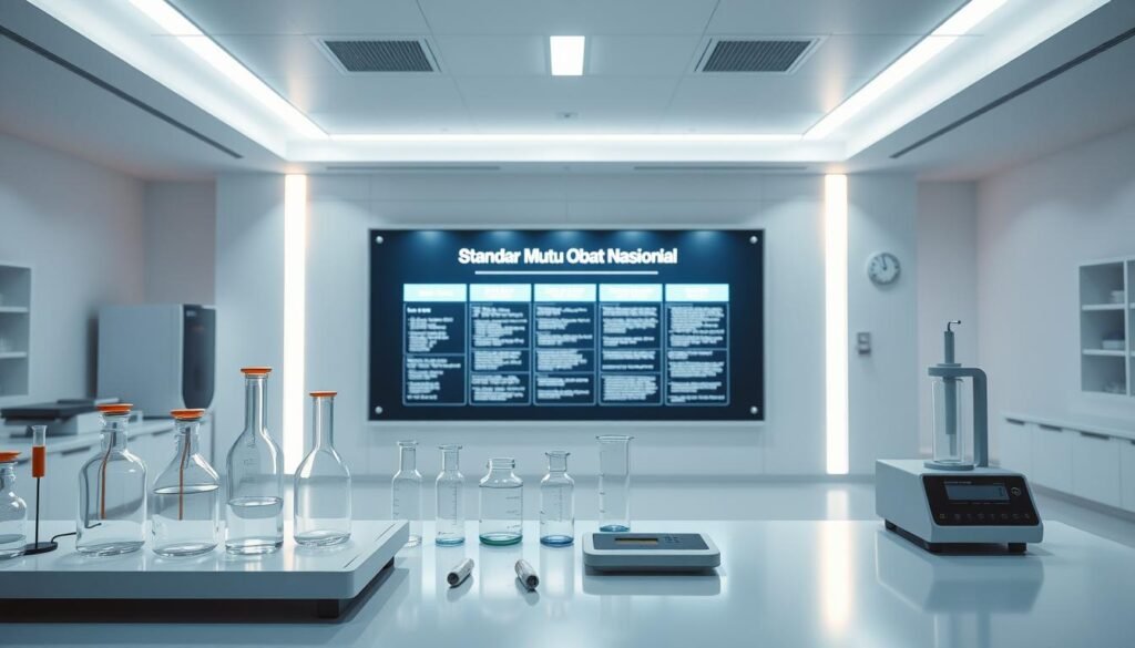 A sleek, modern laboratory environment with a minimalist aesthetic. In the foreground, a table displays various pharmaceutical testing equipment and instruments, including glass beakers, pipettes, and a digital scale. The middle ground showcases a large, illuminated display panel showcasing the "Standar Mutu Obat Nasional" guidelines, presented in a clear, organized manner. In the background, a clean, well-lit room with white walls and floors, creating a sense of order and professionalism. Soft, directional lighting from above casts a warm, clinical glow over the scene, emphasizing the precision and care taken in ensuring the quality of national medical products.