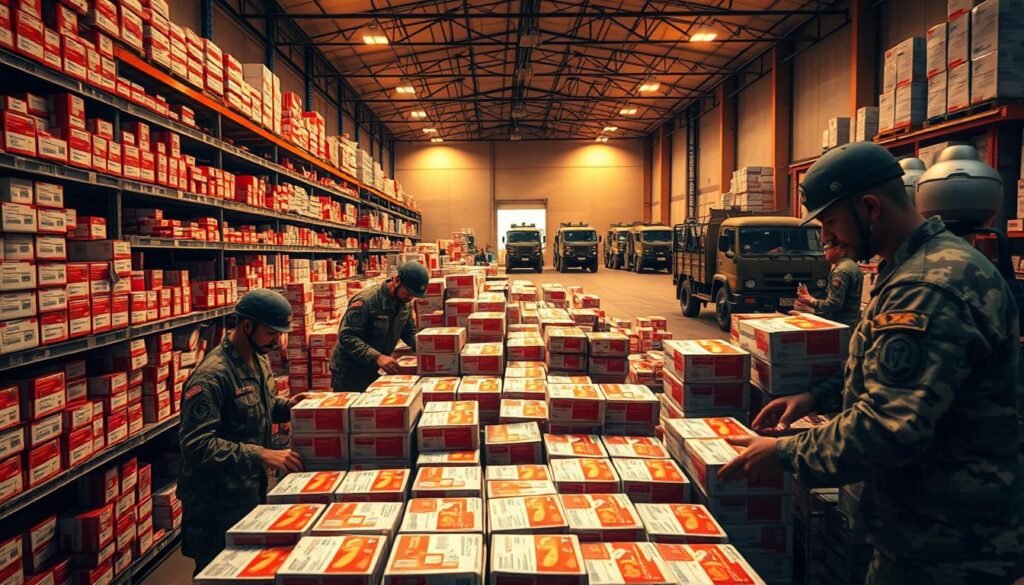 A strategic distribution of red and white medical supplies, showcasing an organized and efficient system. In the foreground, a team of military personnel meticulously arranging and packing the medications, their movements captured in a dynamic, documentary-style composition. The middle ground reveals a well-stocked warehouse, shelves brimming with neatly organized boxes and containers. In the background, a fleet of military transport vehicles, ready to distribute the essential medicines to remote locations, illuminated by a warm, golden-hued lighting that evokes a sense of purpose and national pride. The overall scene conveys a coordinated, professional approach to ensuring the accessible and equitable distribution of affordable healthcare for the people.