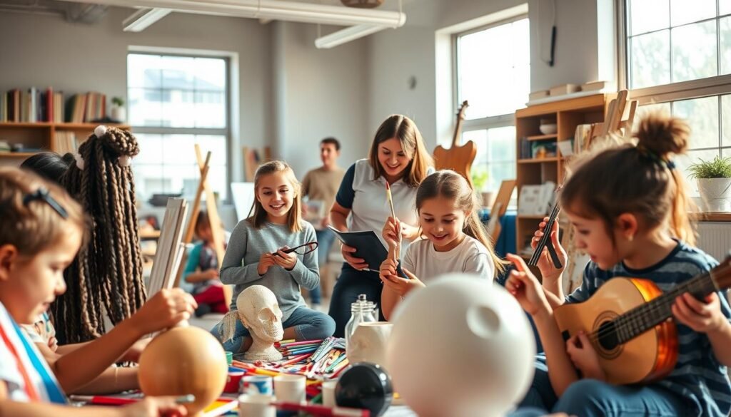 A vibrant and engaging scene showcasing the power of arts education. In the foreground, a group of students immersed in various creative activities - painting, sculpting, playing musical instruments. Their faces alight with concentration and joy, as they explore the boundless possibilities of self-expression. In the middle ground, a teacher guiding and encouraging them, fostering a nurturing environment that cultivates their innate talents. The background features a modern, well-equipped art studio, with large windows allowing natural light to flood the space, casting a warm, inspirational glow. The overall atmosphere exudes a sense of creativity, collaboration, and the transformative impact of arts-based learning.