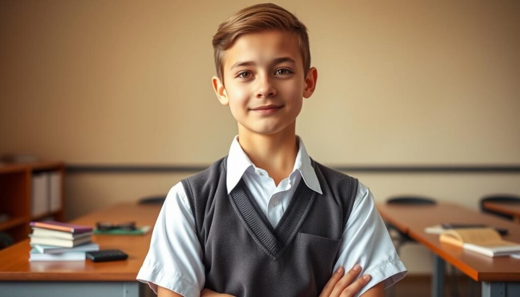 A young, confident student standing proudly, dressed in a smart school uniform. Their gaze is fixed on the camera, exuding a sense of determination and financial literacy. Behind them, a neatly organized desk with textbooks, a calculator, and financial documents, symbolizing their mastery of personal finance. The background is a warm, softly-lit classroom, creating an atmosphere of academic achievement and financial empowerment. The lighting is natural, accentuating the student's focused expression and the details of the scene. This image captures the essence of a successful student who has embraced financial education, serving as an inspiring example for their peers.