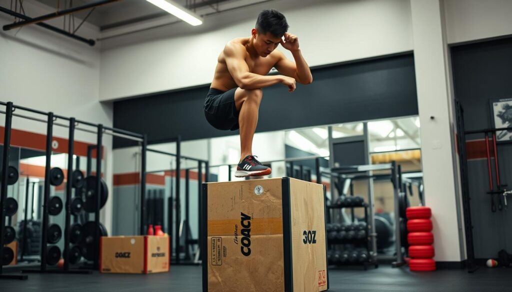 Demonstrasi gerakan box jump untuk latihan functional training Demonstrasi gerakan box jump untuk latihan functional training
