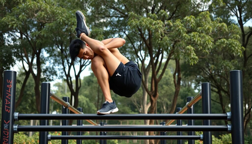 Demonstrasi gerakan explosive knee tuck untuk latihan calisthenics Demonstrasi gerakan explosive knee tuck untuk latihan calisthenics