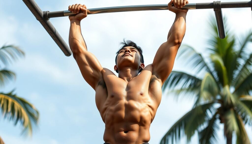 Demonstrasi gerakan explosive pull-up untuk latihan calisthenics Demonstrasi gerakan explosive pull-up untuk latihan calisthenics