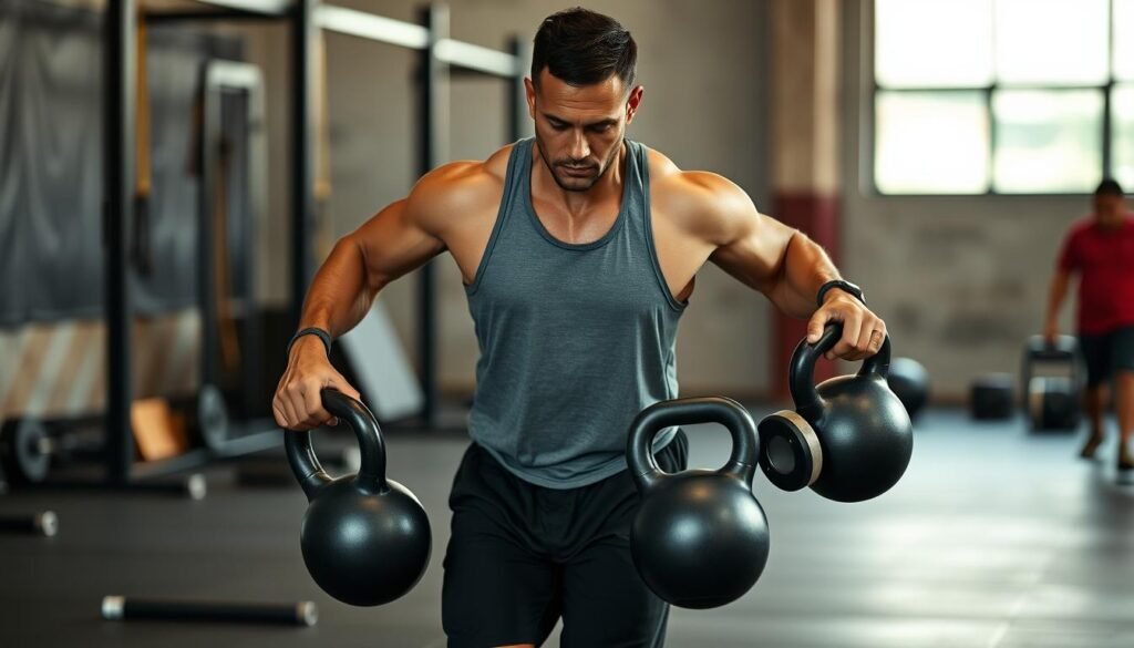 Demonstrasi gerakan farmer's walk untuk latihan functional training Demonstrasi gerakan farmer's walk untuk latihan functional training