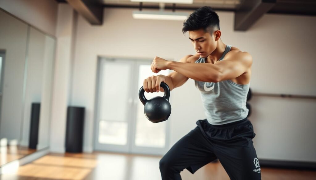 Demonstrasi gerakan kettlebell swing untuk latihan functional training Demonstrasi gerakan kettlebell swing untuk latihan functional training