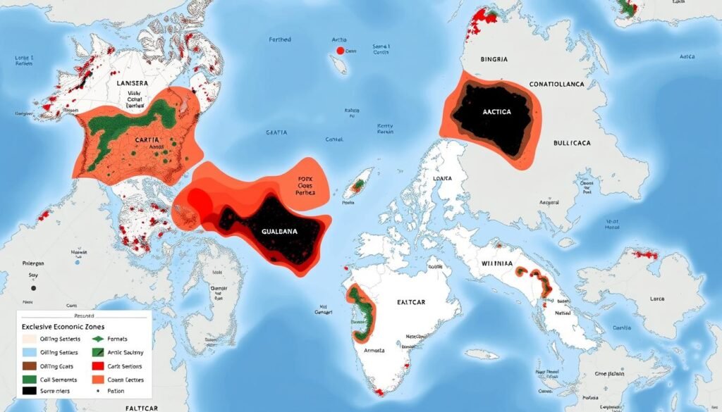Peta sumber daya alam di Laut Arktik menunjukkan lokasi cadangan minyak, gas, dan mineral Peta sumber daya alam di Laut Arktik menunjukkan lokasi cadangan minyak, gas, dan mineral