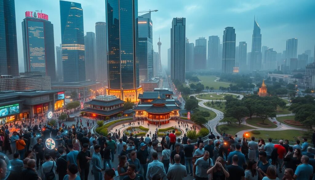 A bustling digital cityscape, with towering skyscrapers of gleaming glass and steel. In the foreground, a diverse crowd of people, connected by glowing holograms and digital interfaces, engage in lively discussions and collaborative work. The middle ground features a vibrant town square, where a mix of traditional and modern architecture creates a harmonious blend of the physical and virtual realms. In the background, a serene park with lush greenery and winding pathways, symbolizing the integration of nature and technology. Soft, diffused lighting casts an ethereal glow, evoking a sense of progress and innovation. The overall scene conveys the dynamic interplay between civil society and the digital age, where technology empowers and enriches community engagement.