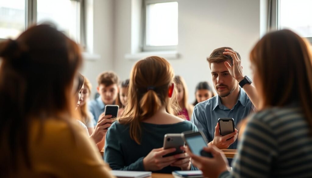 A classroom setting with a teacher standing in front of a group of students, all focused on their smartphones and digital devices. The teacher's expression is one of concern, their hand raised in a gesture of guidance. Soft natural lighting filters through the windows, creating a contemplative atmosphere. The students' faces are partially obscured, hinting at the potential distraction and disconnection caused by social media use. The overall scene conveys the teacher's crucial role in directing and moderating the appropriate use of technology for educational purposes. A classroom setting with a teacher standing in front of a group of students, all focused on their smartphones and digital devices. The teacher's expression is one of concern, their hand raised in a gesture of guidance. Soft natural lighting filters through the windows, creating a contemplative atmosphere. The students' faces are partially obscured, hinting at the potential distraction and disconnection caused by social media use. The overall scene conveys the teacher's crucial role in directing and moderating the appropriate use of technology for educational purposes.
