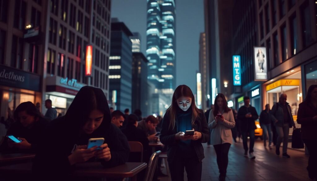 A dimly lit urban scene, the streets bustling with people engrossed in their smartphones. In the foreground, a group of friends seated at a cafe table, their eyes fixed on their screens, oblivious to the world around them. In the middle ground, a young couple walking hand-in-hand, their attention divided between each other and their devices. In the background, a towering skyscraper, its windows reflecting the glow of countless screens. The atmosphere is one of isolation and disconnection, a haunting commentary on the social implications of our digital age. Soft, warm lighting creates a sense of melancholy, while a shallow depth of field draws the viewer's focus to the central figures, their faces illuminated by the blue-white light of their screens. A dimly lit urban scene, the streets bustling with people engrossed in their smartphones. In the foreground, a group of friends seated at a cafe table, their eyes fixed on their screens, oblivious to the world around them. In the middle ground, a young couple walking hand-in-hand, their attention divided between each other and their devices. In the background, a towering skyscraper, its windows reflecting the glow of countless screens. The atmosphere is one of isolation and disconnection, a haunting commentary on the social implications of our digital age. Soft, warm lighting creates a sense of melancholy, while a shallow depth of field draws the viewer's focus to the central figures, their faces illuminated by the blue-white light of their screens.