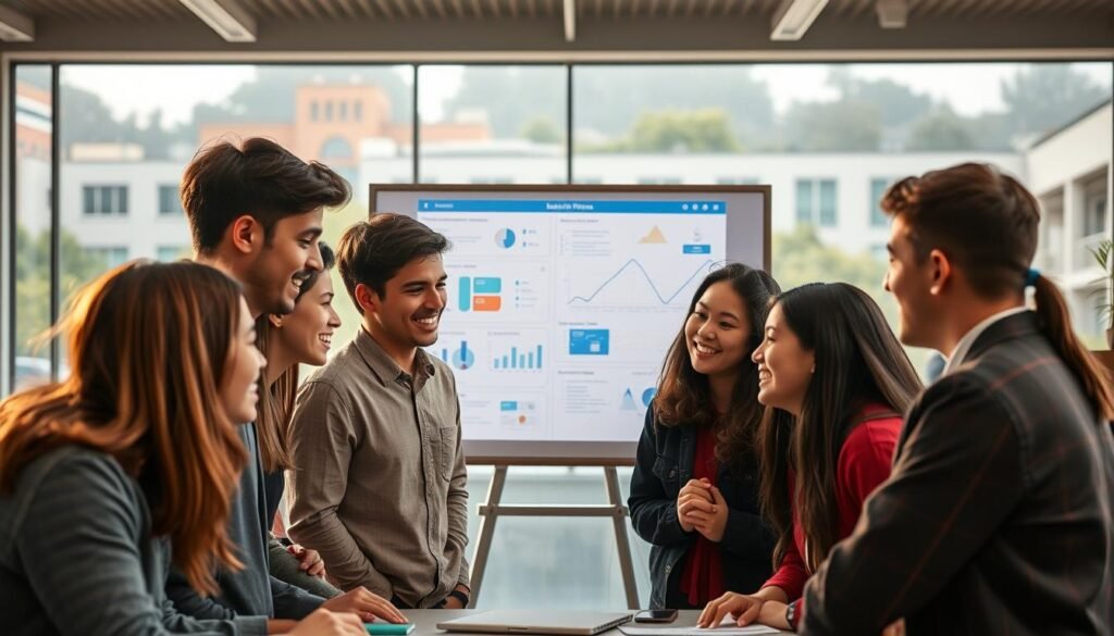 A group of Udinus students collaborating on a program, with a warm, inspirational atmosphere. In the foreground, several students are engaged in discussions, their faces animated with enthusiasm. The middle ground features a whiteboard or presentation screen, displaying data visualizations and project plans. In the background, a backdrop of the Udinus campus, conveying a sense of academic rigor and commitment to progress. Soft, natural lighting illuminates the scene, creating a sense of purpose and optimism. The overall composition suggests the long-term impact of this student-led initiative, with the students' dedication and innovative thinking shaping the future.