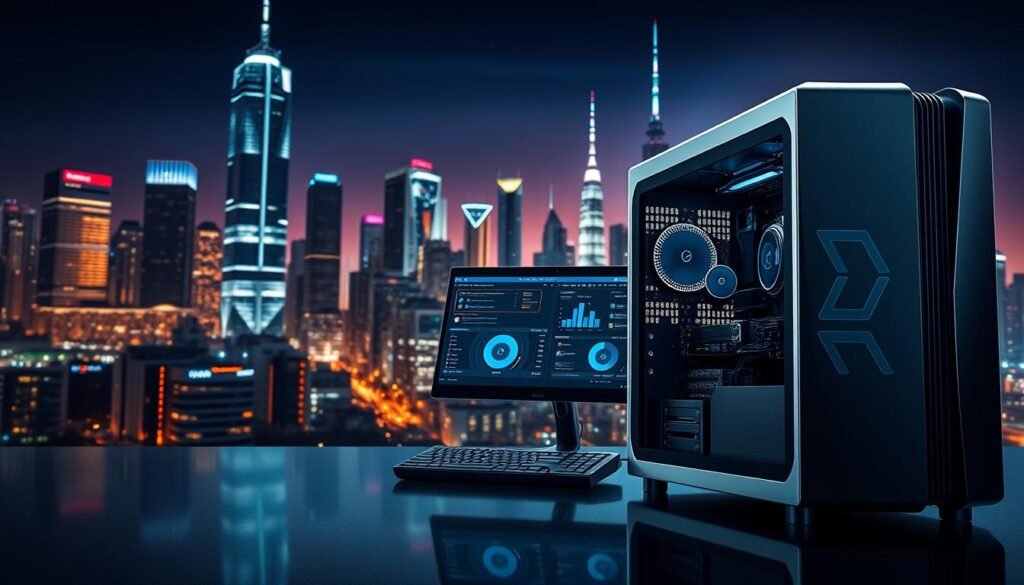 A modern, sleek computer system with a central processing unit, display, and peripheral devices, all seamlessly integrated. The foreground showcases the advanced hardware components, with a glossy, minimalist design. The middle ground depicts a user interface brimming with intuitive controls and data visualizations. In the background, a futuristic cityscape with towering skyscrapers and a vibrant, neon-lit skyline sets the scene, highlighting the technological advancements of the system information field. The lighting is crisp and directional, casting dramatic shadows and emphasizing the product's high-tech aesthetic. The overall atmosphere conveys a sense of innovation, efficiency, and the boundless potential of computer systems.