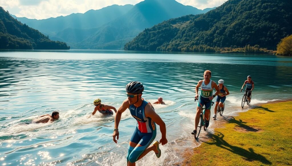 A pristine lake surrounded by lush, verdant hills serves as the serene backdrop for a challenging triathlon competition in Indonesia. In the foreground, athletes in sleek, colorful wetsuits dive into the crystalline waters, their powerful strokes creating a mesmerizing ripple effect. Transitioning to the cycling leg, the competitors navigate winding mountain roads, fueled by the breathtaking scenery of towering peaks and dense, tropical foliage. As they enter the final running stage, the athletes stride with determination across a grassy field, their faces etched with the thrill of the test. Warm, golden sunlight filters through the scene, casting a warm, inviting glow and accentuating the beauty of this uniquely Indonesian triathlon landscape.