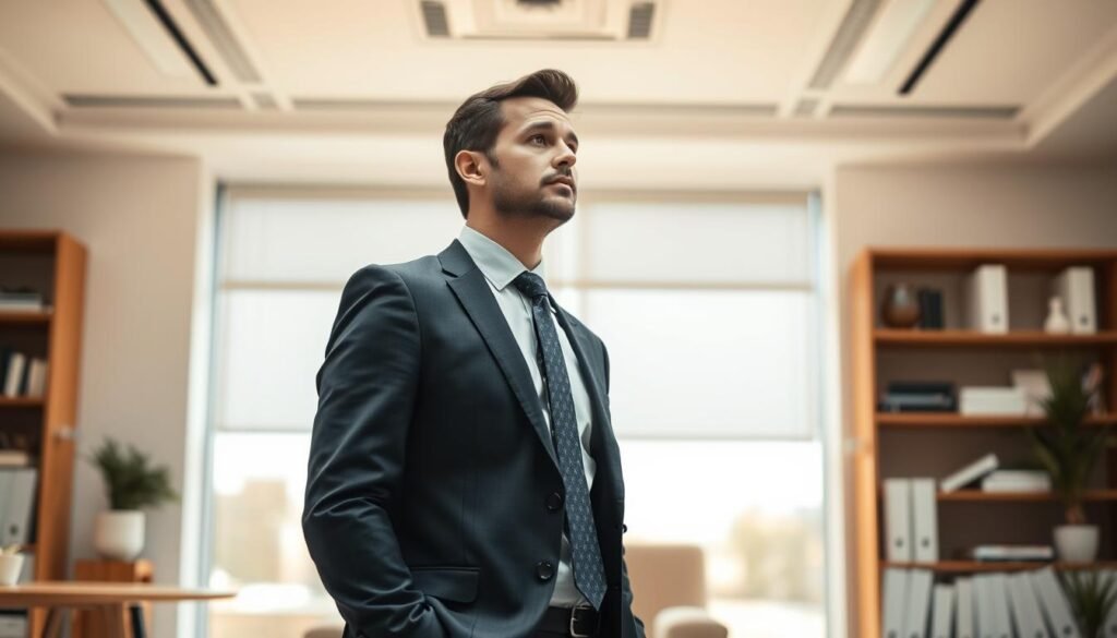A professional businessman standing confidently in a well-lit office, wearing a crisp suit and tie, surrounded by a modern, minimalist decor. He is deep in thought, considering the potential of an online dropshipping business model. The room is bathed in warm, natural lighting, creating a sense of focus and opportunity. The camera angle is slightly elevated, emphasizing the subject's authoritative presence and expertise. The overall atmosphere conveys a sense of understanding and mastery of the dropshipping concept.