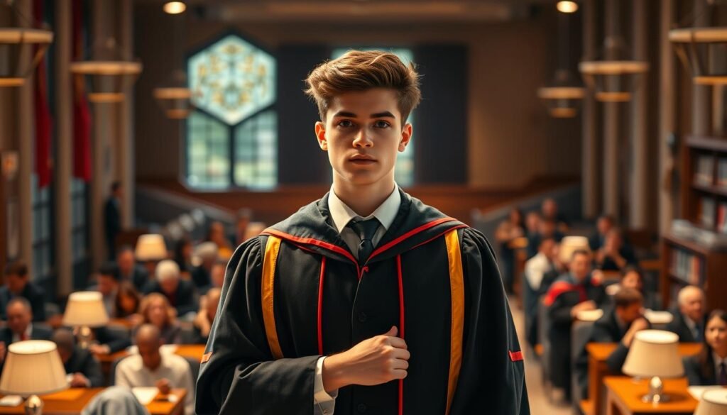 A university campus bustling with activity, the Rector's office a hub of focused energy. A student, dressed in academic regalia, stands at the helm, commanding attention with a poised and thoughtful expression. Warm, directional lighting illuminates the scene, casting subtle shadows that convey a sense of purpose and gravitas. The background blurs, drawing the viewer's gaze to the central figure - a unique, once-in-a-lifetime experience for this student, an opportunity to step into the shoes of a respected academic leader. The atmosphere is one of inspiration, empowerment, and the realization of untapped potential within the student body.