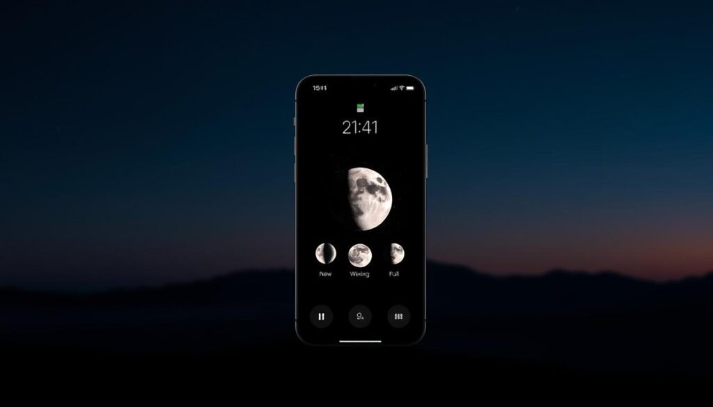 A captivating iOS wallpaper design featuring a realistic lunar phase widget. In the foreground, showcase a user interface with a sleek, modern smartphone displaying the widget prominently, highlighting different phases of the moon—new, waxing, full, waning—with high detail and vibrant colors. In the middle ground, subtly include a nighttime sky adorned with a starry backdrop, enhancing the celestial theme, while emphasizing the moon's glow. The background should depict a soft gradient from deep navy blue to lighter twilight hues, creating a tranquil and serene atmosphere. Use soft ambient lighting to evoke a peaceful night, and employ a slightly angled perspective to give depth to the composition. Focus on a clean, minimalist aesthetic that appeals to iOS users. No text or logos are present in the design. A captivating iOS wallpaper design featuring a realistic lunar phase widget. In the foreground, showcase a user interface with a sleek, modern smartphone displaying the widget prominently, highlighting different phases of the moon—new, waxing, full, waning—with high detail and vibrant colors. In the middle ground, subtly include a nighttime sky adorned with a starry backdrop, enhancing the celestial theme, while emphasizing the moon's glow. The background should depict a soft gradient from deep navy blue to lighter twilight hues, creating a tranquil and serene atmosphere. Use soft ambient lighting to evoke a peaceful night, and employ a slightly angled perspective to give depth to the composition. Focus on a clean, minimalist aesthetic that appeals to iOS users. No text or logos are present in the design.