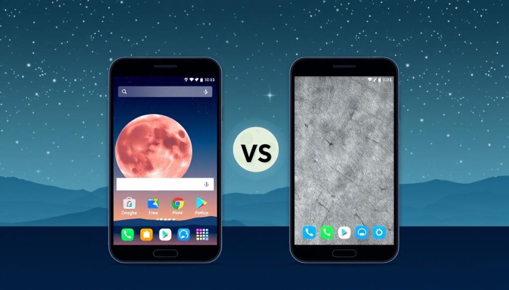 A comparative illustration depicting paid versus free wallpaper applications. In the foreground, feature two smartphones side by side: one displaying a vibrant, high-quality lunar wallpaper (representing a paid app) and the other showcasing a basic, pixelated background (representing a free app). In the middle ground, include subtle icons and UI elements from both apps, such as download buttons and rating stars, to emphasize their differences. The background should be a serene night sky filled with stars and a soft glow from a full moon, adding a tranquil atmosphere. Use soft, ambient lighting to create a calm mood, with a wide-angle perspective that conveys a modern, tech-savvy environment. The focus should be clear, with a slight depth of field effect blurring the background stars to draw attention to the smartphones. A comparative illustration depicting paid versus free wallpaper applications. In the foreground, feature two smartphones side by side: one displaying a vibrant, high-quality lunar wallpaper (representing a paid app) and the other showcasing a basic, pixelated background (representing a free app). In the middle ground, include subtle icons and UI elements from both apps, such as download buttons and rating stars, to emphasize their differences. The background should be a serene night sky filled with stars and a soft glow from a full moon, adding a tranquil atmosphere. Use soft, ambient lighting to create a calm mood, with a wide-angle perspective that conveys a modern, tech-savvy environment. The focus should be clear, with a slight depth of field effect blurring the background stars to draw attention to the smartphones.