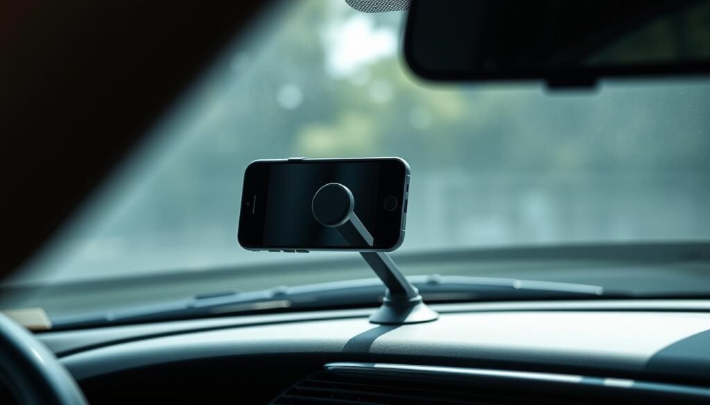 A detailed dashboard-mounted smartphone holder, designed specifically for the latest iPhone model. The holder has a sleek, minimal aesthetic, seamlessly integrating with the car's interior. It is securely mounted on the dashboard, angled to provide an optimal viewing experience for the driver. The holder features a soft, rubberized grip to firmly secure the phone without any risk of slippage. The lighting is natural, with subtle shadows cast by the holder, creating a sense of depth and dimension. The overall mood is one of practical functionality and modern sophistication, complementing the refined design of the iPhone and the car's interior.
