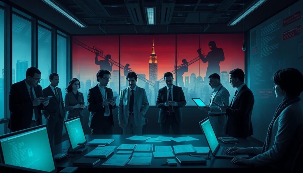A dramatic illustration depicting the impact of cyberattacks on supply chains and businesses. In the foreground, visualize a modern office environment with a diverse group of professionals in business attire, exchanging concerned expressions while interacting with digital devices displaying security alerts. In the middle ground, show a conference table cluttered with documents and glowing screens, while a large window reveals a city skyline. Create an atmosphere of tension and urgency with dim, moody lighting contrasted by the harsh glow of computer screens. In the background, include shadowy silhouettes of cybercriminals manipulating data streams, symbolizing the threat looming over the supply chain network. Use a wide-angle lens to capture the depth of the scene, emphasizing the vulnerability of global supply chains to cyber threats. A dramatic illustration depicting the impact of cyberattacks on supply chains and businesses. In the foreground, visualize a modern office environment with a diverse group of professionals in business attire, exchanging concerned expressions while interacting with digital devices displaying security alerts. In the middle ground, show a conference table cluttered with documents and glowing screens, while a large window reveals a city skyline. Create an atmosphere of tension and urgency with dim, moody lighting contrasted by the harsh glow of computer screens. In the background, include shadowy silhouettes of cybercriminals manipulating data streams, symbolizing the threat looming over the supply chain network. Use a wide-angle lens to capture the depth of the scene, emphasizing the vulnerability of global supply chains to cyber threats.