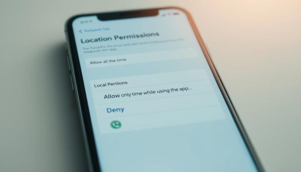 A high-resolution, detailed image of a smartphone screen displaying the "Location Permissions" settings menu. The screen should be well-lit, with a soft, natural lighting environment that creates a sense of tranquility and focus. The foreground should show the various permission options, such as "Allow all the time," "Allow only while using the app," and "Deny," presented in a clear and organized manner. The middle ground should showcase the app icons or logos associated with the location permissions, subtly hinting at the potential security risks. The background should feature a minimalist, neutral-toned setting, allowing the smartphone screen to be the central focus of the composition.