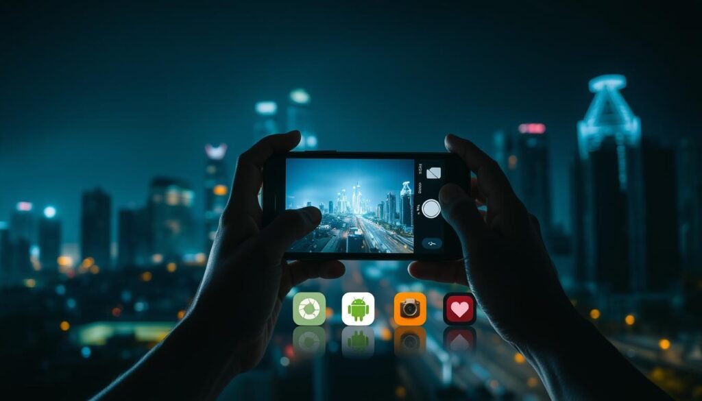 A night scene showcasing a variety of high-quality camera apps for Android smartphones. In the foreground, a user's hand holds an Android device, the camera app interface illuminating their face with a soft, warm glow. The middle ground features a selection of popular camera app icons, each casting a subtle halo of light. The background depicts a dimly lit urban landscape, with skyscrapers and streetlights creating a moody, atmospheric ambiance. The lighting is dramatic, with deep shadows and highlights accentuating the scene. The overall impression is one of technological sophistication and the ability to capture breathtaking nighttime photography on a mobile device.