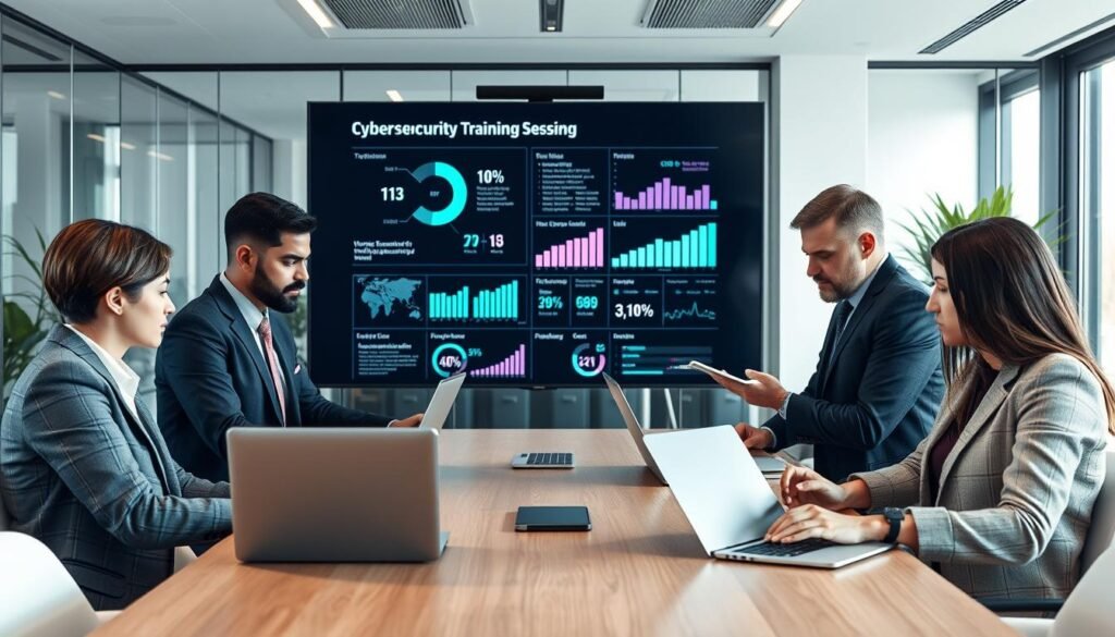 A professional cybersecurity training session in a modern office environment. In the foreground, a group of four diverse individuals, dressed in smart business attire, are collaborating around a conference table, examining digital security data on laptops. In the middle ground, a large screen displays cybersecurity statistics and graphs, illustrating recent global cyber threats, while other participants engage actively, taking notes. The background features a sleek, contemporary office with glass walls and potted plants, providing a feeling of openness and professionalism. Soft, focused lighting highlights the participants' faces, conveying a serious yet dynamic atmosphere, emphasizing the importance of cybersecurity awareness in organizations. The scene is captured with a wide-angle lens to showcase the collaborative environment. A professional cybersecurity training session in a modern office environment. In the foreground, a group of four diverse individuals, dressed in smart business attire, are collaborating around a conference table, examining digital security data on laptops. In the middle ground, a large screen displays cybersecurity statistics and graphs, illustrating recent global cyber threats, while other participants engage actively, taking notes. The background features a sleek, contemporary office with glass walls and potted plants, providing a feeling of openness and professionalism. Soft, focused lighting highlights the participants' faces, conveying a serious yet dynamic atmosphere, emphasizing the importance of cybersecurity awareness in organizations. The scene is captured with a wide-angle lens to showcase the collaborative environment.