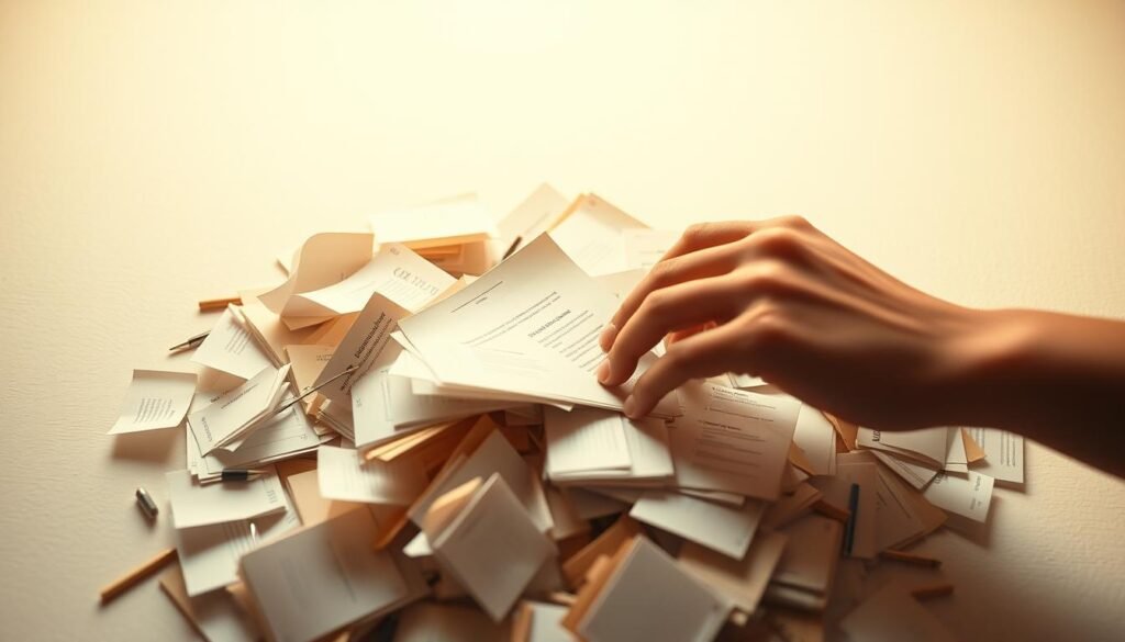 A serene, minimalist composition showcasing the act of "kurasi data" (data curation). A hand carefully sifting through a pile of digital documents, files, and folders, meticulously organizing and refining the content. The scene is bathed in warm, soft lighting, creating a sense of focus and concentration. The background is a muted, neutral palette, allowing the central action to take center stage. The angle is slightly elevated, giving the viewer a bird's-eye perspective, emphasizing the thoughtful, deliberate nature of the task at hand. The overall mood is one of diligence, precision, and the importance of maintaining control over one's digital information.