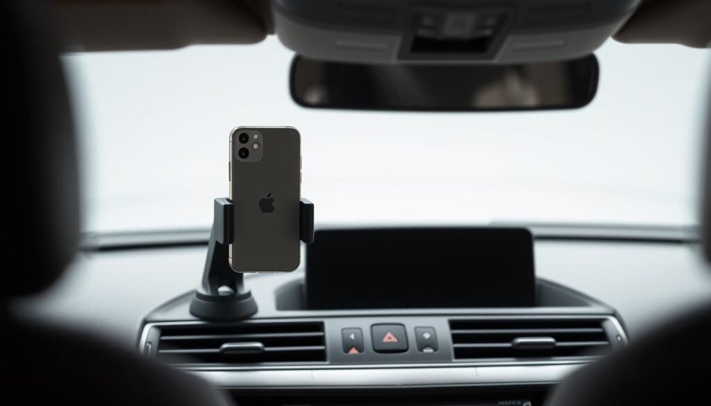 a sleek and minimalist iPhone mount designed for secure and convenient attachment to a car dashboard or windshield. The mount features a sturdy casing that firmly grips the iPhone, allowing it to be positioned at the desired angle for hands-free use. The casing is crafted from high-quality materials, ensuring a seamless and durable fit without the need for MagSafe connectivity. The mount is thoughtfully designed to blend harmoniously with the car's interior, creating a streamlined and unobtrusive aesthetic. Captured in a clean, well-lit studio setting, the image showcases the mount's functionality and versatility, highlighting its ability to securely hold the iPhone in place, even without the use of MagSafe technology.