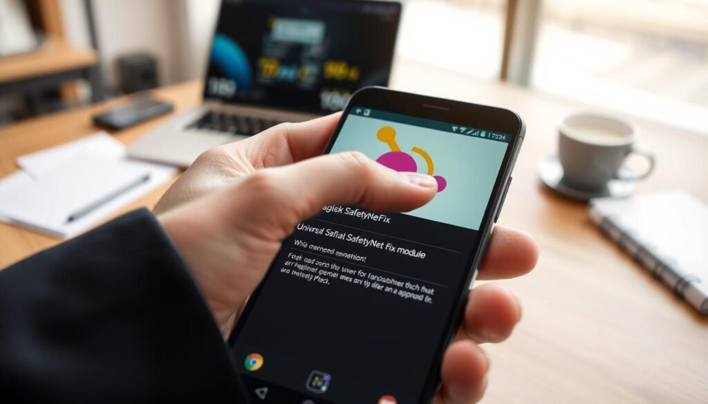 A close-up of a smartphone screen displaying the Magisk application interface, showcasing the "Universal SafetyNet Fix" module being installed. The foreground features the phone clearly, illuminated with a soft, diffused light to highlight the screen details and colorful UI elements. In the middle, a hand dressed in a smart business attire casually interacts with the device, emphasizing a tech-savvy user. The background is a modern workspace setting, slightly blurred to keep the focus on the phone, with elements like a laptop, coffee mug, and notepads, suggesting a productive atmosphere. The overall mood is professional yet approachable, capturing the essence of an essential tech fix in the Android community.