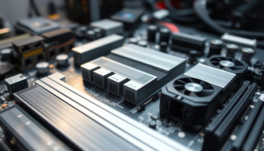 A close-up view of a high-tech motherboard featuring PCIe bifurcation, showcasing multiple x1 slots transformed into an x8 configuration. The focus is on the intricate traces and connections of the motherboard, with well-defined PCIe slots highlighted. Surrounding the motherboard, a subtle display of GPUs is positioned, demonstrating the bifurcation setup. The lighting is soft and even, emphasizing the metallic textures and circuit details with a slight sheen. The background is a blurred workspace with electronic components to evoke a tech-focused atmosphere. The image captures a sense of modernity and precision, making it ideal for illustrating advanced hardware setups. A close-up view of a high-tech motherboard featuring PCIe bifurcation, showcasing multiple x1 slots transformed into an x8 configuration. The focus is on the intricate traces and connections of the motherboard, with well-defined PCIe slots highlighted. Surrounding the motherboard, a subtle display of GPUs is positioned, demonstrating the bifurcation setup. The lighting is soft and even, emphasizing the metallic textures and circuit details with a slight sheen. The background is a blurred workspace with electronic components to evoke a tech-focused atmosphere. The image captures a sense of modernity and precision, making it ideal for illustrating advanced hardware setups.
