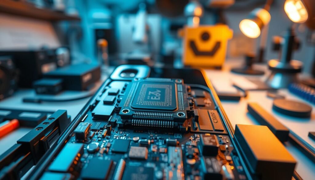 A close-up view showcasing the internal components of the Google Pixel 10 smartphone, emphasizing the transition from Samsung to Tensor chips. In the foreground, highlight the Tensor chip with intricate details, surrounded by circuit boards and other components. The middle layer features a translucent smartphone casing, allowing viewers to see the components clearly. The background includes a softly lit workspace adorned with high-tech tools and devices, enhancing the innovative atmosphere. Use soft, ambient lighting to create a professional feel, with a shallow depth of field to draw attention to the chip. The overall mood is one of technological exploration and advancement, promoting curiosity and intrigue about the Pixel 10's evolution.