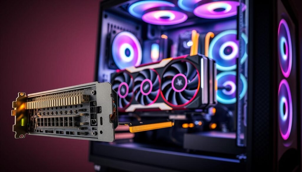 A detailed illustration of a PCIe bifurcation configuration depicting the process of transforming a PCIe x1 slot into an x8 configuration using a riser card. In the foreground, showcase a close-up of the bifurcation adapter with intricate pin layouts and connectors, highlighted with soft LED lighting. The middle section displays two GPUs mounted side by side on the riser, emphasizing their robust architecture and cooling systems. The background features a sleek, modern computer case with a transparent side panel, revealing organized cable management and glowing RGB fans. Use a wide-angle lens to capture the entirety of this setup, creating a tech-savvy, professional atmosphere that conveys innovation and precision in hardware setup. The lighting should be bright, focusing on the components to illustrate their functionalities in a clear, engaging manner. A detailed illustration of a PCIe bifurcation configuration depicting the process of transforming a PCIe x1 slot into an x8 configuration using a riser card. In the foreground, showcase a close-up of the bifurcation adapter with intricate pin layouts and connectors, highlighted with soft LED lighting. The middle section displays two GPUs mounted side by side on the riser, emphasizing their robust architecture and cooling systems. The background features a sleek, modern computer case with a transparent side panel, revealing organized cable management and glowing RGB fans. Use a wide-angle lens to capture the entirety of this setup, creating a tech-savvy, professional atmosphere that conveys innovation and precision in hardware setup. The lighting should be bright, focusing on the components to illustrate their functionalities in a clear, engaging manner.