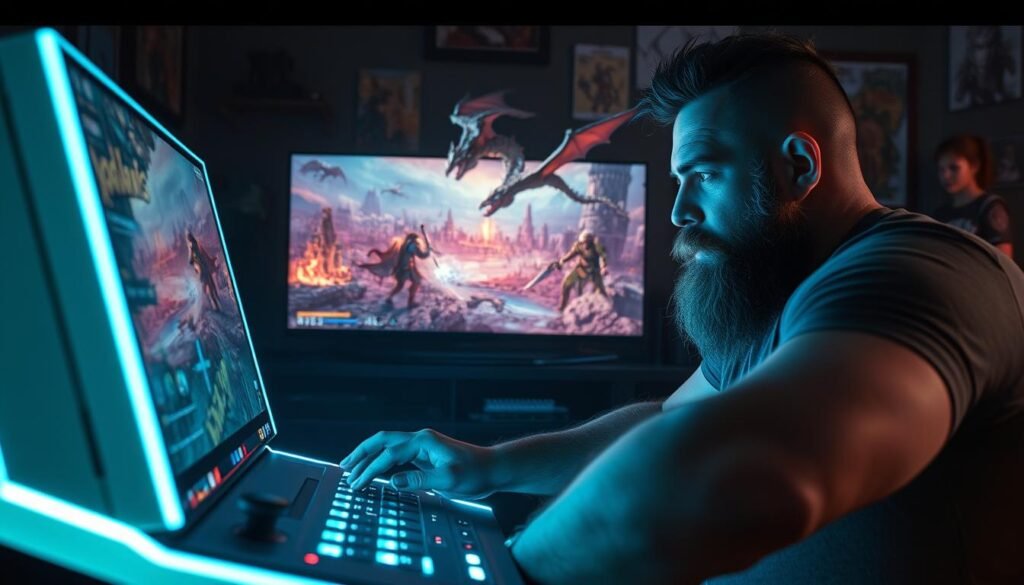 A dramatic scene depicting a fictional game titled "Draconis." In the foreground, a rugged gamer is intensely focused while playing on a sleek, high-tech console, illuminated by soft neon blue lights. In the middle, fantastical elements of gameplay can be seen on the screen, showing a vibrant fantasy world filled with dragons, ancient ruins, and mystical landscapes. The character design features warriors in elaborate armor battling fierce beasts, capturing a sense of urgency and excitement. In the background, the room is dimly lit, with gaming memorabilia and posters hinting at the anticipation surrounding this unreleased title. The overall mood is one of nostalgia and intrigue, evoking the sensation of lost potential and the allure of a game that never came to be, with a cinematic angle that emphasizes depth and immersion. A dramatic scene depicting a fictional game titled "Draconis." In the foreground, a rugged gamer is intensely focused while playing on a sleek, high-tech console, illuminated by soft neon blue lights. In the middle, fantastical elements of gameplay can be seen on the screen, showing a vibrant fantasy world filled with dragons, ancient ruins, and mystical landscapes. The character design features warriors in elaborate armor battling fierce beasts, capturing a sense of urgency and excitement. In the background, the room is dimly lit, with gaming memorabilia and posters hinting at the anticipation surrounding this unreleased title. The overall mood is one of nostalgia and intrigue, evoking the sensation of lost potential and the allure of a game that never came to be, with a cinematic angle that emphasizes depth and immersion.