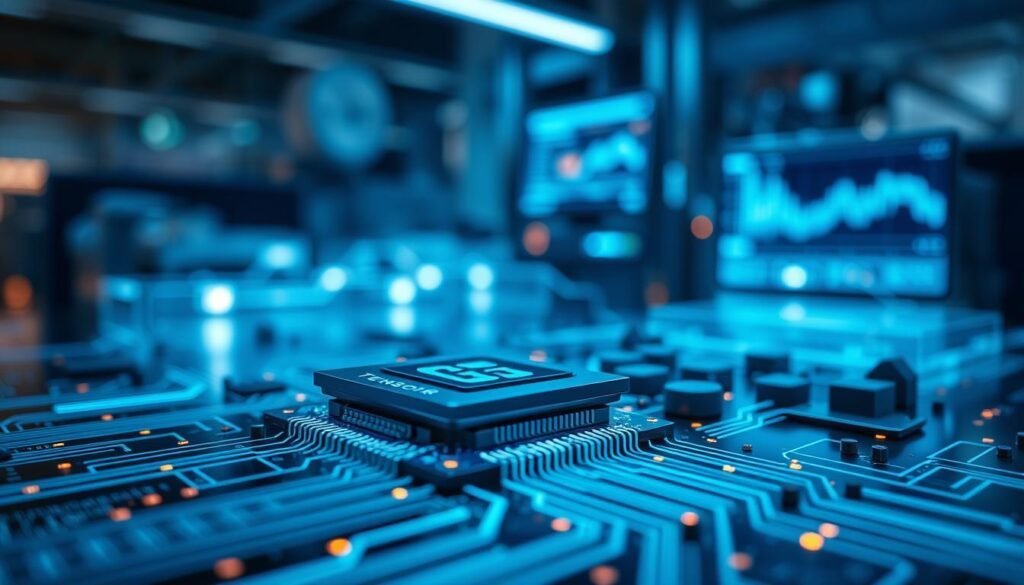 A high-tech representation of a Tensor G5 chip, focused in the foreground, showcasing intricate details like its silicon architecture and sleek design. The chip is illuminated with a soft blue light, emphasizing its advanced technology. In the middle ground, display a digital circuit board integrated with the Tensor chip, connecting lines glowing with activity to indicate data flow. The background features a blurred laboratory or tech environment, with hints of futuristic equipment and screens displaying data analytics. The overall mood is innovative and cutting-edge, illuminated with soft, cool lighting to evoke a sense of advanced technology and performance enhancement. Capture the scene from a slight angle to add depth and perspective to the composition.