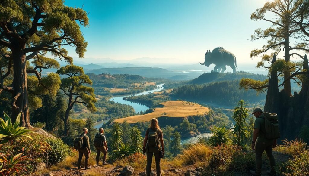 A lush, expansive landscape showcasing an untamed world reminiscent of prehistoric times, featuring towering ancient trees and vibrant flora in rich greens and earthy tones. In the foreground, a group of explorers in professional outdoor attire, equipped with rugged gear, gaze in awe at a distant, majestic creature resembling a massive, mythical beast roaming the terrain. The middle ground includes rolling hills and a serene river glistening under soft, golden sunlight, creating an ethereal atmosphere. The background transitions to a misty horizon adorned with distant mountains under a clear blue sky. Capture the adventurous spirit and ambition behind a dreamlike, yet unfinished game concept, evoking a sense of wonder and unfulfilled promise. Use a wide-angle lens perspective, emphasizing depth and immersing viewers in this enchanting world. A lush, expansive landscape showcasing an untamed world reminiscent of prehistoric times, featuring towering ancient trees and vibrant flora in rich greens and earthy tones. In the foreground, a group of explorers in professional outdoor attire, equipped with rugged gear, gaze in awe at a distant, majestic creature resembling a massive, mythical beast roaming the terrain. The middle ground includes rolling hills and a serene river glistening under soft, golden sunlight, creating an ethereal atmosphere. The background transitions to a misty horizon adorned with distant mountains under a clear blue sky. Capture the adventurous spirit and ambition behind a dreamlike, yet unfinished game concept, evoking a sense of wonder and unfulfilled promise. Use a wide-angle lens perspective, emphasizing depth and immersing viewers in this enchanting world.