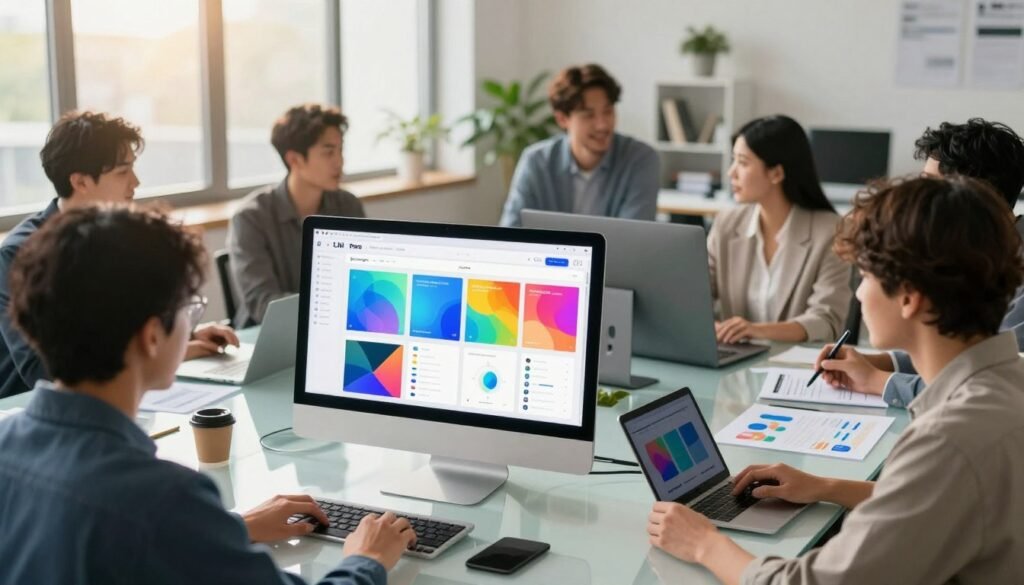 A modern digital workspace showcasing a seamless integration of various design platforms. In the foreground, a sleek computer setup is visible with an open screen displaying vibrant UI designs and collaboration tools. Professionals in smart business attire converse and brainstorm ideas, embodying teamwork and innovation. The middle ground features a glass table with design prototypes and digital tablets. The background has large windows letting in warm, natural light, enhancing the open and inviting atmosphere. Subtle greenery is placed around the workspace, contributing to a fresh aesthetic. The overall mood is one of creativity and efficiency, aimed at illustrating the ease of accessing diverse design capabilities. The lens captures the scene from a slightly elevated angle, adding depth to the composition while maintaining focus on the collaborative elements.