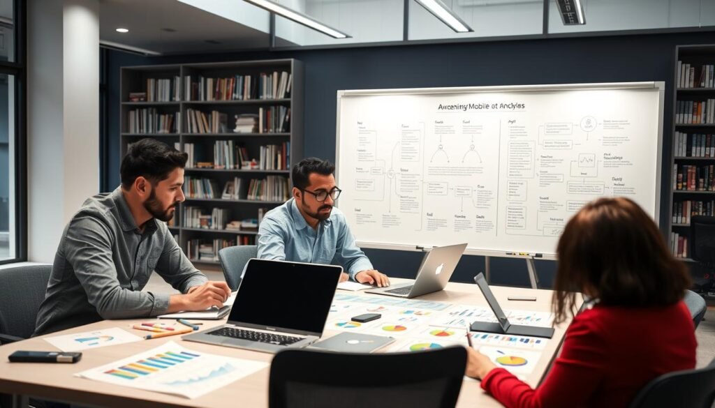 A modern research methodology scene showcasing a professional workspace focused on analyzing mobile applications. In the foreground, a diverse group of three professionals (two men and one woman), dressed in business casual attire, are engaged in discussion around a large table, with laptops open, notes scattered, and colorful charts related to app usability and analysis in view. In the middle ground, a large whiteboard displays diagrams and flowcharts outlining systematic research methods and findings, illuminated by soft, natural lighting from large windows. The background features bookshelves filled with research literature and a sleek modern design aesthetic, conveying a focused yet collaborative atmosphere of innovation and productivity.