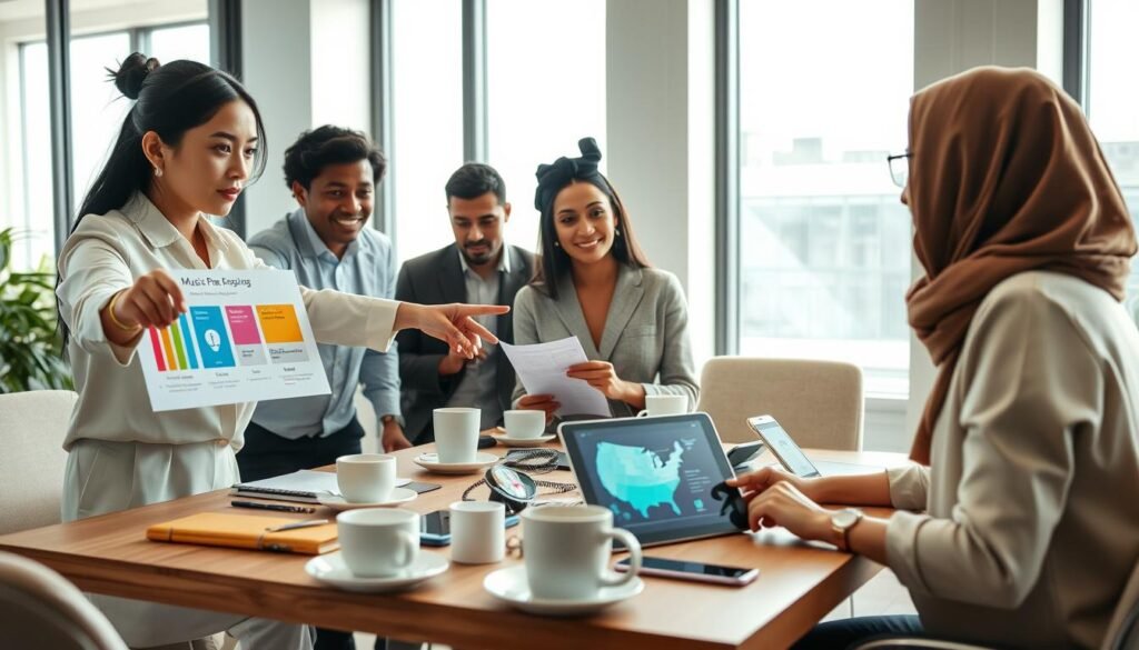 A modern workspace featuring a group of diverse professionals in business attire focused on selecting audio streaming platforms. In the foreground, a woman of Asian descent points at a laptop screen displaying a colorful infographic comparing different music streaming services. Beside her, a Black man takes notes, while a Middle-Eastern woman listens attentively, surrounded by charts and graphs representing user preferences. The middle ground features a cozy meeting table cluttered with coffee cups and digital devices highlighting various music apps. In the background, large windows let in soft, natural light that creates a warm and productive atmosphere. The overall mood feels collaborative and analytical, emphasizing the importance of choosing the right audio platform. A modern workspace featuring a group of diverse professionals in business attire focused on selecting audio streaming platforms. In the foreground, a woman of Asian descent points at a laptop screen displaying a colorful infographic comparing different music streaming services. Beside her, a Black man takes notes, while a Middle-Eastern woman listens attentively, surrounded by charts and graphs representing user preferences. The middle ground features a cozy meeting table cluttered with coffee cups and digital devices highlighting various music apps. In the background, large windows let in soft, natural light that creates a warm and productive atmosphere. The overall mood feels collaborative and analytical, emphasizing the importance of choosing the right audio platform.