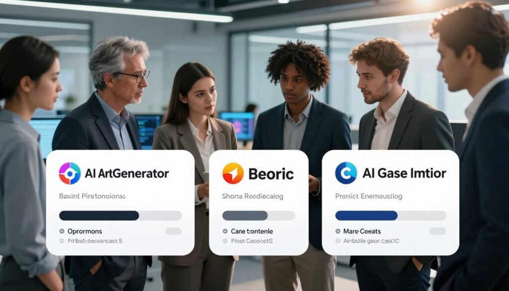 A sleek, modern comparison chart depicting various AI art generator platforms prominently displayed in the foreground. Each platform’s logo and features listed in sharp, contrasting colors for easy readability. In the middle ground, a diverse group of professionals in smart business attire examine the chart intently, showcasing a mix of genders and ethnicities. The background features a blurred, high-tech office environment, filled with monitors and digital artwork, creating a vibrant yet focused atmosphere. Soft, diffused lighting illuminates the scene, emphasizing the seriousness and excitement of the discussion. A slight lens flare adds a touch of dynamism, enhancing the mood of innovation and competition in AI art generation.