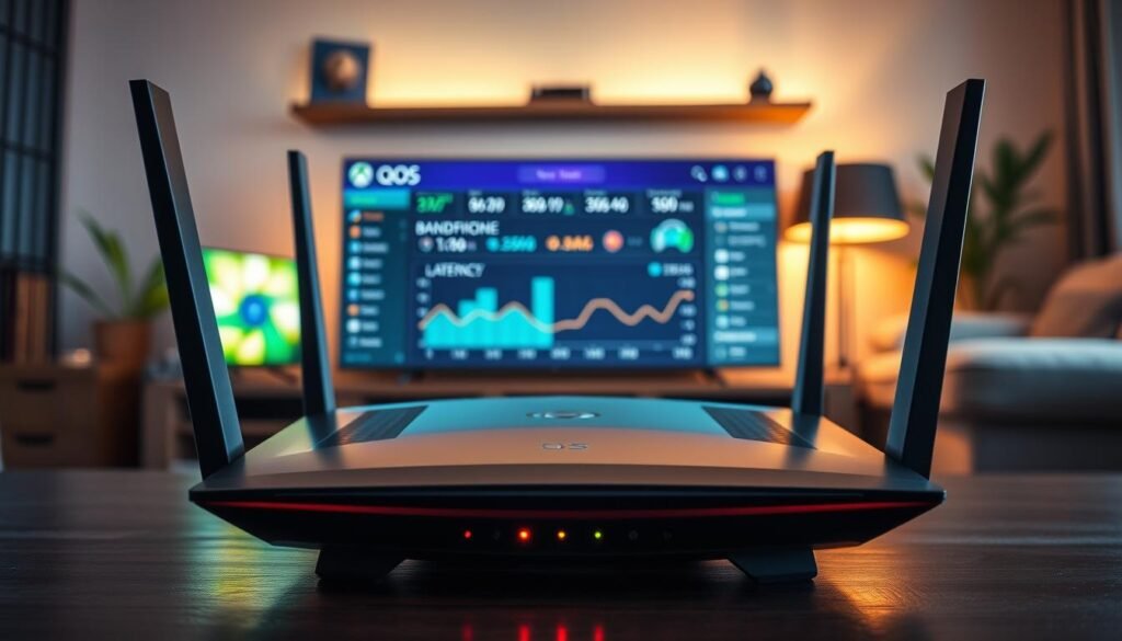 A sleek, modern router displaying its QoS (Quality of Service) settings interface on a vibrant, high-resolution screen. In the foreground, the router's LED indicators glow softly, signaling different operational statuses. The middle layer shows a close-up of a high-tech dashboard with graphs illustrating bandwidth allocation and latency metrics. The background features a cozy living room setting, subtly lit with warm colors, hinting at a gaming environment with a gaming console like the Xbox. Soft shadows create an inviting atmosphere. The scene is captured with a slight angle to emphasize the router's features, striving for a professional, tech-savvy vibe ideal for illustrating advanced gaming settings. A sleek, modern router displaying its QoS (Quality of Service) settings interface on a vibrant, high-resolution screen. In the foreground, the router's LED indicators glow softly, signaling different operational statuses. The middle layer shows a close-up of a high-tech dashboard with graphs illustrating bandwidth allocation and latency metrics. The background features a cozy living room setting, subtly lit with warm colors, hinting at a gaming environment with a gaming console like the Xbox. Soft shadows create an inviting atmosphere. The scene is captured with a slight angle to emphasize the router's features, striving for a professional, tech-savvy vibe ideal for illustrating advanced gaming settings.