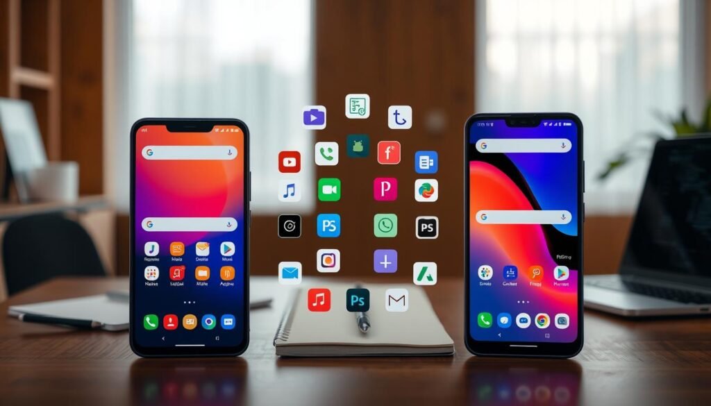 A split-screen image showcasing a comparative analysis of the One UI 6.1 and Pixel UI applications for Indonesian users. In the foreground, display two sleek smartphones side by side, each displaying the respective user interface prominently on their screens. In the middle, include visual representations of various app icons that symbolize features of both UIs, arranged artistically around the phones. The background should feature a modern office setting with a blurred effect, incorporating elements like a desk, notebook, and a laptop to convey a professional atmosphere. Use soft, natural lighting to create an inviting mood, emphasizing clarity and detail. The overall feel should be analytical and professional, designed to reflect a thorough study without any text or distractions.