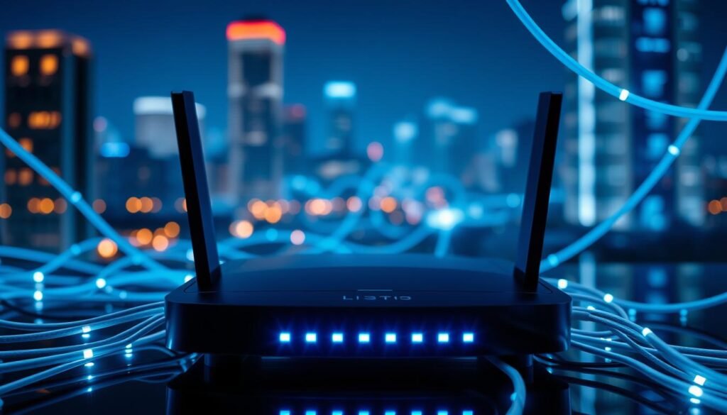 A visually striking representation of a network with a focus on connectivity and data flow. In the foreground, a sleek router is prominently displayed, glowing with soft blue LED lights, symbolizing its active status. Surrounding the router, a series of interconnected cables weave in and out, illustrating the complex web of connections. In the middle ground, a digital interface visualizes data packets flowing smoothly, with vibrant lines of light depicting high-speed transfers. The background features a blurred cityscape at night, suggesting a tech-savvy environment, illuminated by the soft glow of buildings. The overall mood is sophisticated and dynamic, emphasizing efficiency and modern technology, captured with a shallow depth of field for a sharp focus on the network elements. The lighting is cool and futuristic, enhancing the technological theme. A visually striking representation of a network with a focus on connectivity and data flow. In the foreground, a sleek router is prominently displayed, glowing with soft blue LED lights, symbolizing its active status. Surrounding the router, a series of interconnected cables weave in and out, illustrating the complex web of connections. In the middle ground, a digital interface visualizes data packets flowing smoothly, with vibrant lines of light depicting high-speed transfers. The background features a blurred cityscape at night, suggesting a tech-savvy environment, illuminated by the soft glow of buildings. The overall mood is sophisticated and dynamic, emphasizing efficiency and modern technology, captured with a shallow depth of field for a sharp focus on the network elements. The lighting is cool and futuristic, enhancing the technological theme.