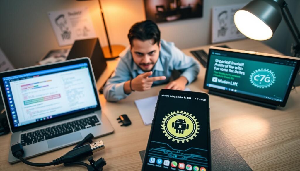 A well-organized workspace for preparing to install Magisk modules on an Android device, featuring a close-up of a smartphone displaying a technical interface with the Magisk logo on the screen. In the foreground, a neatly arranged setup with tools like a USB cable, a laptop showing coding scripts, and a PowerPoint presentation on Android modifications. In the middle, a person in professional attire focused on their task, with a look of concentration as they point at the laptop screen. The background includes a clean desk with notes about SafetyNet fixes and an illuminated desk lamp casting warm light, creating a focused and productive atmosphere. The angle is slightly above, giving an overhead view of the entire scene.