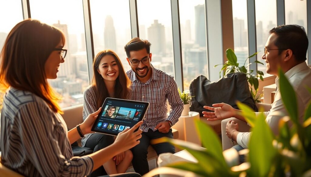 An integrated scene illustrating Amazon Music's features for Prime members in Indonesia. In the foreground, showcase a diverse group of three professionals, a woman and two men, animatedly discussing music while interacting with a tablet displaying the Amazon Music interface. The middle ground features stylish, modern furniture and vibrant plants, conveying a relaxed yet professional work environment. In the background, large windows reveal a bustling Jakarta skyline, bathed in warm afternoon sunlight, casting soft shadows. The atmosphere is lively and engaging, promoting a sense of discovery and enjoyment in music streaming. Use a sharp focus on the group, with a slight blur on the background to create depth. Emphasize natural lighting to enhance the warm colors and inviting ambiance of the workspace. An integrated scene illustrating Amazon Music's features for Prime members in Indonesia. In the foreground, showcase a diverse group of three professionals, a woman and two men, animatedly discussing music while interacting with a tablet displaying the Amazon Music interface. The middle ground features stylish, modern furniture and vibrant plants, conveying a relaxed yet professional work environment. In the background, large windows reveal a bustling Jakarta skyline, bathed in warm afternoon sunlight, casting soft shadows. The atmosphere is lively and engaging, promoting a sense of discovery and enjoyment in music streaming. Use a sharp focus on the group, with a slight blur on the background to create depth. Emphasize natural lighting to enhance the warm colors and inviting ambiance of the workspace.
