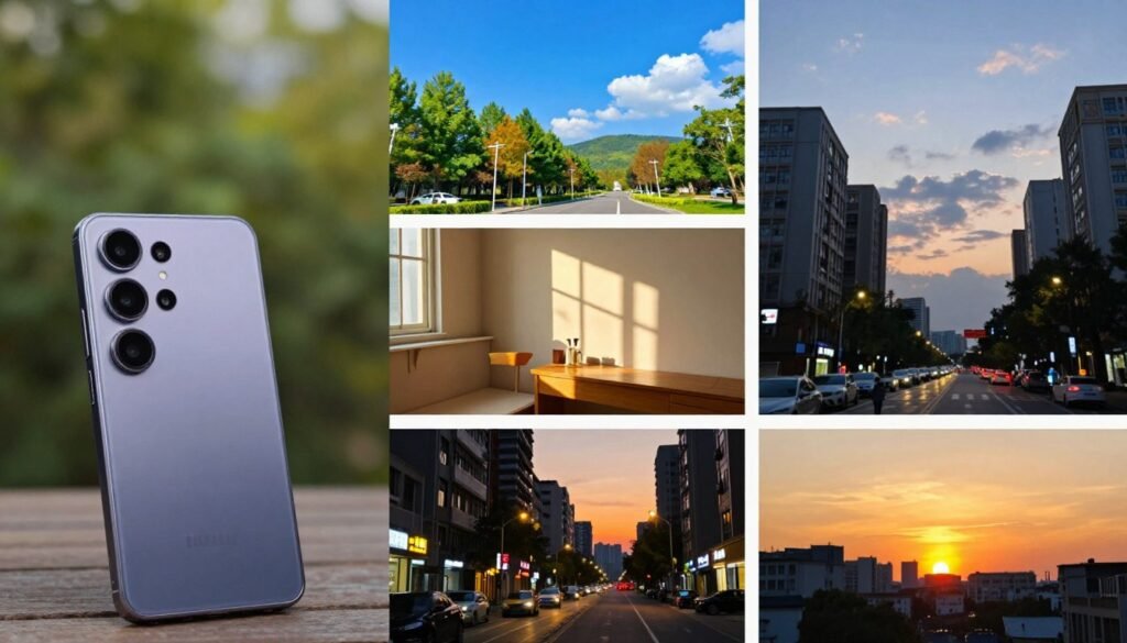 A captivating scene showcasing the quality of photos taken under various lighting conditions, featuring four distinct panels. In the foreground, a sleek Samsung Galaxy S25+ camera is prominently displayed, angled slightly to emphasize its design. The middle panels illustrate four scenarios: vibrant daylight with natural colors, soft indoor lighting with warm tones, harsh street lighting creating dramatic shadows, and dusk with a golden hour glow. Each photo shows a vibrant landscape, an indoor setting, a bustling city street, and a serene sunset, respectively. The backgrounds are subtly blurred to maintain focus on the panels, enhancing the mood of each environment. The overall atmosphere is professional and engaging, conveying the camera's versatility across different lighting situations.