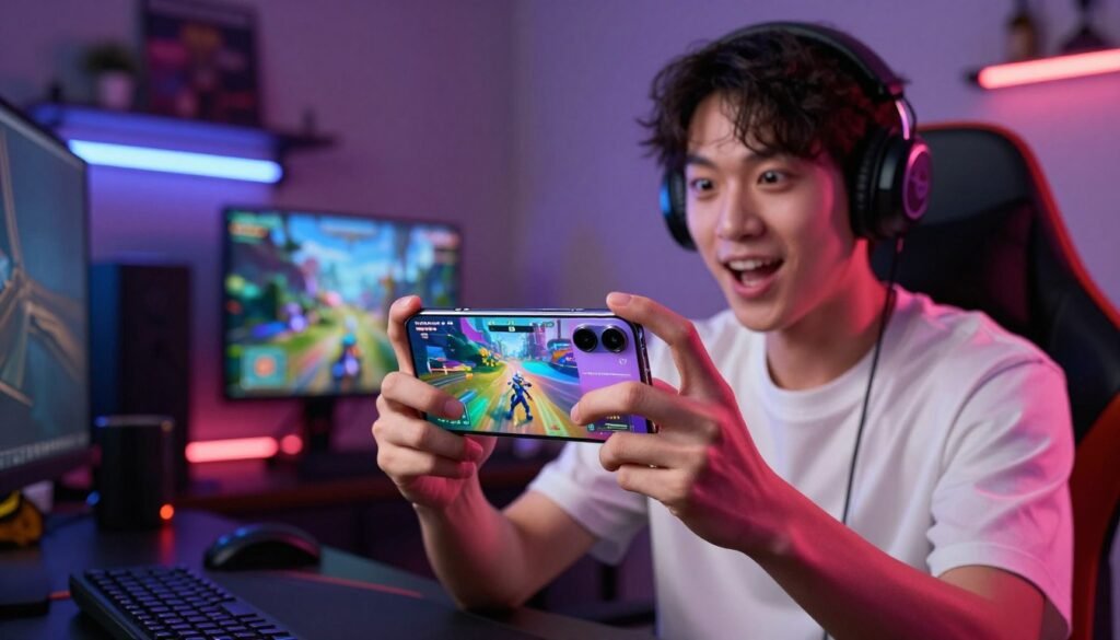 A dynamic scene showcasing a Samsung Galaxy A55 in action, with the phone prominently displayed in the foreground. The screen features a vibrant and colorful gameplay scene from Mobile Legends and PUBG. In the middle ground, a gamer is focused intently on the device, wearing casual yet modest clothing, showcasing an enthusiastic expression. The background displays a cozy gaming setup with LED lights, dimmed lighting creating an immersive atmosphere, while computer accessories subtly enhance the gaming vibe. A gentle bokeh effect blurs the background, drawing attention to the phone and the gamer. The image radiates excitement and engagement, reflecting the thrill of gaming on the Galaxy A55. A dynamic scene showcasing a Samsung Galaxy A55 in action, with the phone prominently displayed in the foreground. The screen features a vibrant and colorful gameplay scene from Mobile Legends and PUBG. In the middle ground, a gamer is focused intently on the device, wearing casual yet modest clothing, showcasing an enthusiastic expression. The background displays a cozy gaming setup with LED lights, dimmed lighting creating an immersive atmosphere, while computer accessories subtly enhance the gaming vibe. A gentle bokeh effect blurs the background, drawing attention to the phone and the gamer. The image radiates excitement and engagement, reflecting the thrill of gaming on the Galaxy A55.