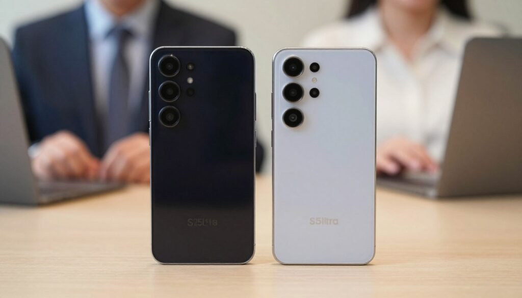 A high-resolution image comparing the Samsung Galaxy S25+ and Galaxy S25 Ultra smartphones side by side. In the foreground, focus on both devices, displaying their sleek designs and camera modules, with the S25 Ultra on the right and the S25+ on the left. The middle ground should feature a blurred background of a professional setting, resembling a tech review desk, with a soft bokeh effect to highlight the phones. A warm, natural light source illuminates the devices, creating subtle reflections on their screens and emphasizing their premium finishes. The atmosphere should feel modern and sophisticated, ideal for a technology comparison, with a slight contrast in colors to differentiate the two models while maintaining a cohesive look.